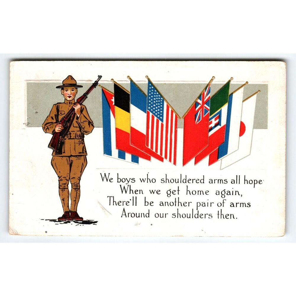 1919 Patriotic Postcard Post WWI-Era Soldier Flags Patriotic Loyalty Vintage